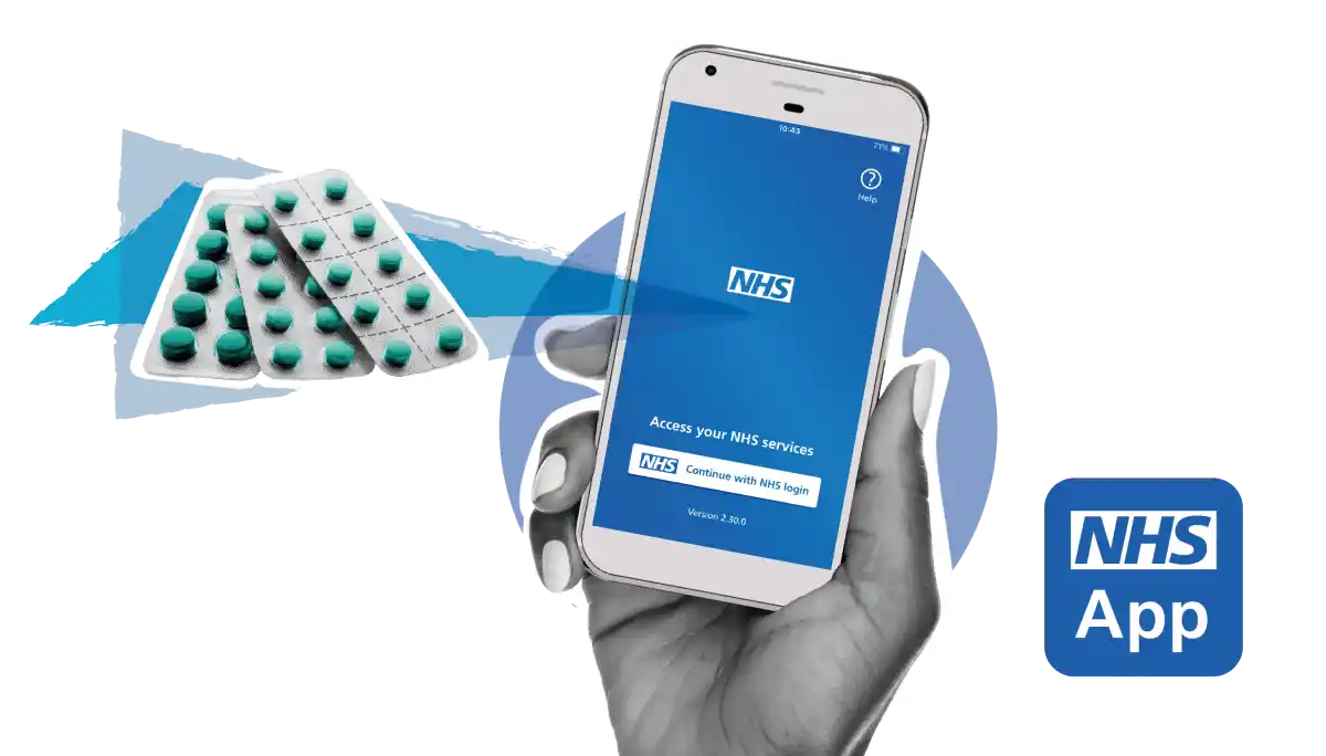 Image of a hand holding a smartphone with the NHS App on screen next to a tray of pills